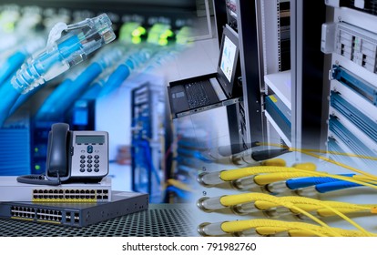 Network Device For Data Center In Data Center Room. Rj45 UTP And Fiber Optic Cable , IP Telephone And Gigabit Switch, Computer Server And Monitor Display.