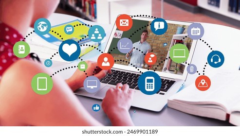 Network of digital icons against mid section of businessman paint brush and woman at office. Autism learning difficulties support and awareness concept digitally generated image. - Powered by Shutterstock