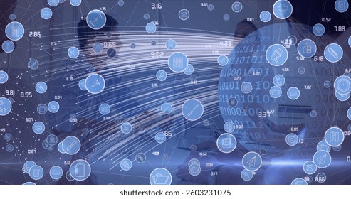 Network of digital icons over binary coding on globe against businesspeople discussing at office. global business and technology concept - Powered by Shutterstock - Get 15% off with code: PIKWIZARD15