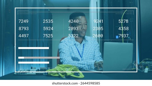 Network engineer checking laptop data in server room, with yellow Ethernet cables and data overlay. Technology, cybersecurity, data analysis, digital infrastructure, futuristic, professional,