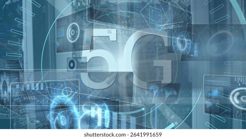 Network engineer projecting digital holographic charts in server room, with glowing 5G icon. Technological, futuristic, data, connectivity, innovation, digital, cybersecurity