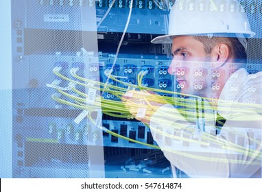 network engineer working in modern server room