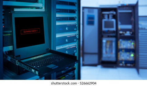 " Network error " and copyspace for text on monitor display in server room data center and blur server background.