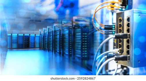 Network hardware. Telecommunication technologies. Server room. Modem with fiber optic cables. Router in server room. Hosting equipment. Internet communications. Server technologies.