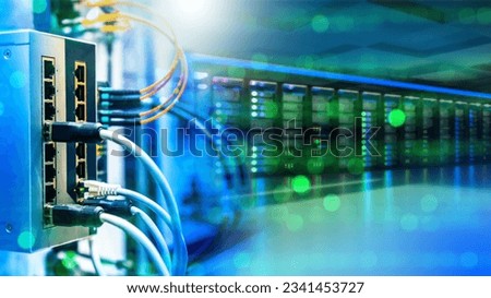 Network hardware. Telecommunication technologies. Server room. Modem with fiber optic cables. Router in server room. Hosting equipment. Internet communications. Server technologies.