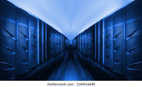 Network and internet communication technology concept, data center interior, server racks with telecommunication equipment in server room