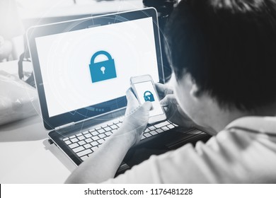 Network and internet devices security system. a man using mobile phone and computer laptop with lock icon technology on screen
