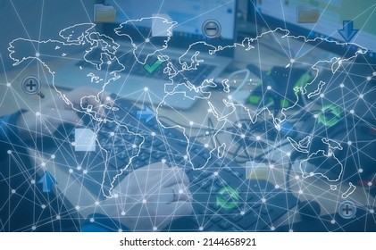 Network internet technologies, digital software development, future technologies and concepts. Global network. World map.