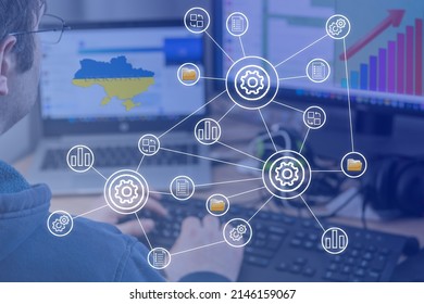 Network internet technologies, digital software development, future technologies and concepts. Caria of Ukraine on the monitor