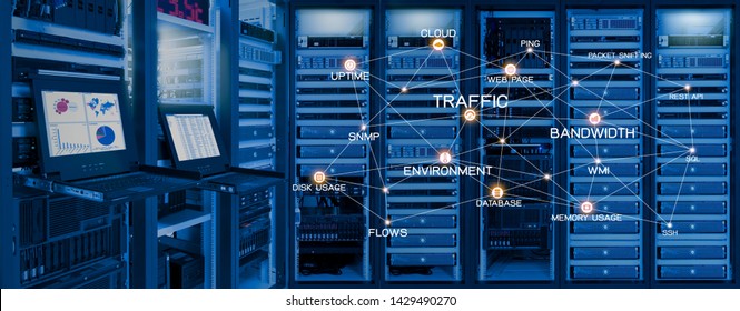 Network Monitoring Concept, Connection Monitoring Services Icon On Data Center Room