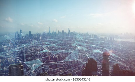 Network over midtown New York City in the morning - Shutterstock ID 1630643146