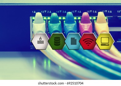 Network panel, switch, cable in data center and basic network secure diagram 