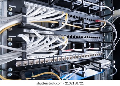 network panel, switch and cables inside internet data center - Shutterstock ID 2132158721
