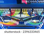 Network panel, switch and colorful cable in data center