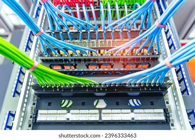 Network panel, switch and colorful cable in data center