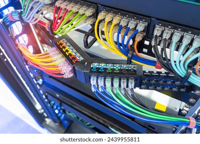 Network panel, switch and colorful cable in data center