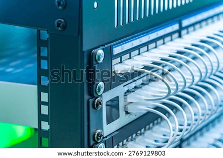 Network panel, switch and white cable in data center