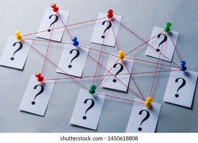 Network Of Printed Question Marks On White Cards Pinned With Thumb Tacks And Joined By String In A Conceptual Image Over A Grey Background