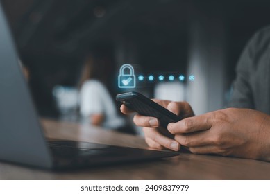 network of privacy protection and biometric security. Using a man's fingerprint on a smartphone, one can access personal financial information, mobile banking, cyber security, and data encryption. - Powered by Shutterstock