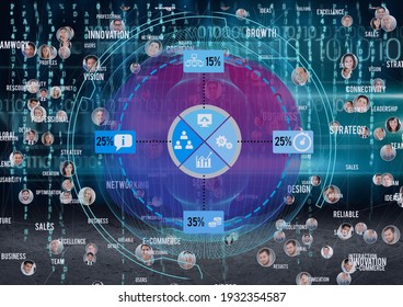 Network of profile icons against binary coding data processing on blue background. social media networking and technology concept