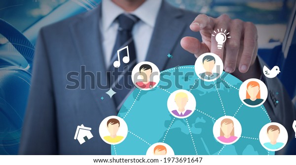 Network of profile icons over globe against\
businessman touching invisible screen in car. global networking and\
business technology\
concept