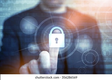 Network Safety Concept with Businessman Touching Closed Padlock as Symbol of Security. Internet Security Technologies. Password Access Protection.