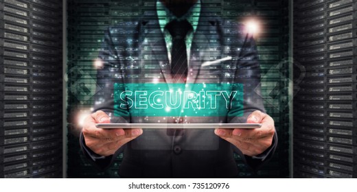 Network security Computer, Business man security access to the data base for secure network, data center background