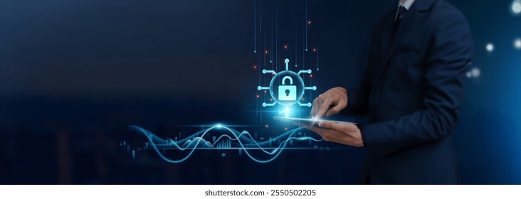 Network Security Concept: Businessman Uses Tablet on Secure Global Networking, Data Encryption, Firewall Protection, Threat Detection, Developing Smart Solutions from Digital Technology.