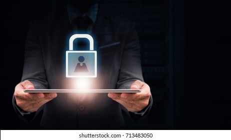Network Security in data center and key lock icon for admin