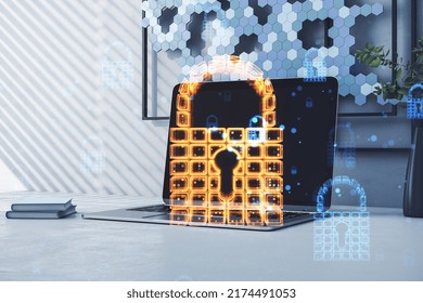 Network security and data safety concept with digital glowing lock with keyhole sign on modern laptop in abstract office background, double exposure