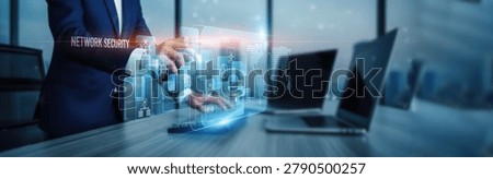 Network security. Hand touching cybersecurity network defense systems, protection connection on virtual screen firewall encryption intrusion detection compliance access monitoring threat mitigation.