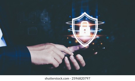 Network security shield system, Personal Data information on smart phone. Information and cyber security Technology Services. Internet Technology.