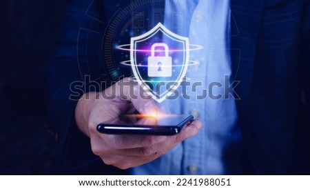 Network security shield system, Personal Data information on smart phone. Information and cyber security Technology Services. Internet Technology.