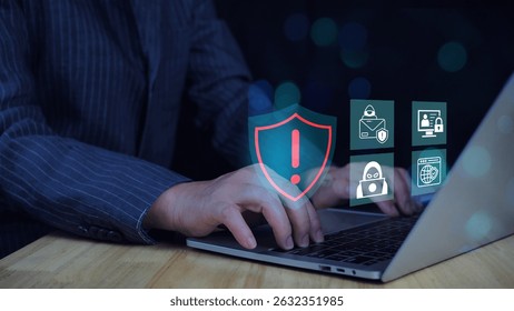 Network Security System Concept, Locked Key inside a Shield Guard to Protected Identify or Personal Information from Cyber Attacks