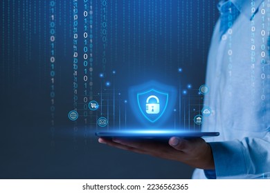 Network security system. Personal Data information on Tablet. Information and cyber security Technology Services. Internet Technology. Digital data protection. Cyber Padlock security application.