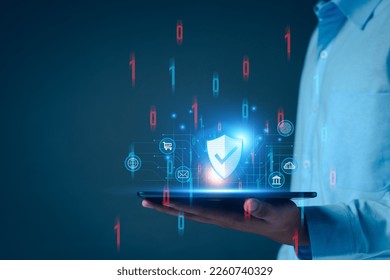 Network security system. Personal Data information on Tablet. Information and cyber security Technology Services. Internet Technology. Digital data protection. Cyber Padlock security application.