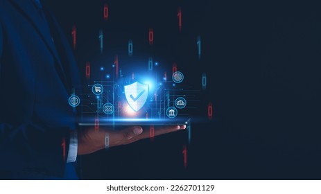 Network security system. Personal Data information on Tablet. Information and cyber security Technology Services. Internet Technology. Digital data protection. Cyber Padlock security application.
