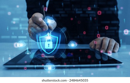 Network security system. Personal Data information on smartphone.Information and cyber security technology services.
Protecting herself from cyber attacks and personal data.Portection data access.