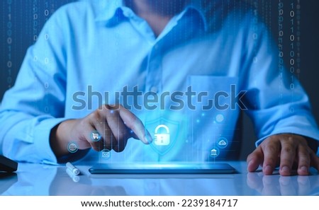 Network security system. Personal Data information on Tablet. Information and cyber security Technology Services. Internet Technology. Digital data protection. Cyber Padlock security application.