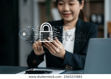 Network security system. Personal Data information on Tablet.Information and cyber security Technology Services. Cybersecurity and business data management concept