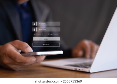 The network security system scans the fingerprint and enters the social media user name and password before logging in.
