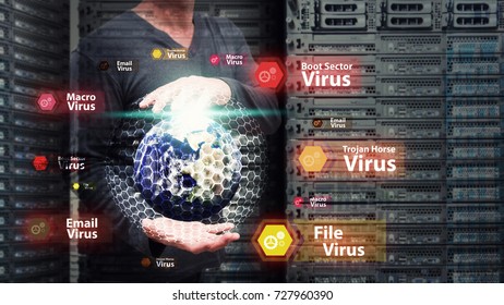 Network security virus computer secure concept : programmer secure the earth and shield activated for protection virus attack : Elements of this image furnished by NASA
