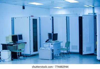 Network server room with computers for control digital cctv., communications, and internet