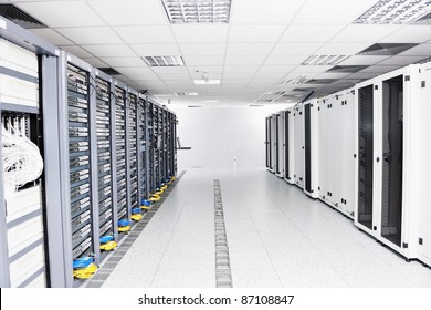 network server room with computers for digital tv ip communications and internet