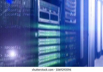 Network server room. Futuristic techno design on background of fantastic supercomputer data center. Network server room with computers for digital communications and internet,abstract data concept.