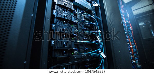 Network server room with servers/high\
performance computers running\
processes