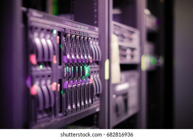 Network servers in a data center. Shallow depth of Field