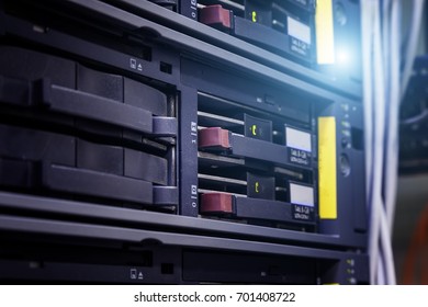 Network servers in data center. Shallow depth of Field