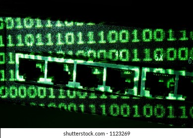 Network Switch with green Binary projected on it.