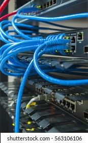 Network Switch HUB And Ethernet Cables (LAN) In Datacenter